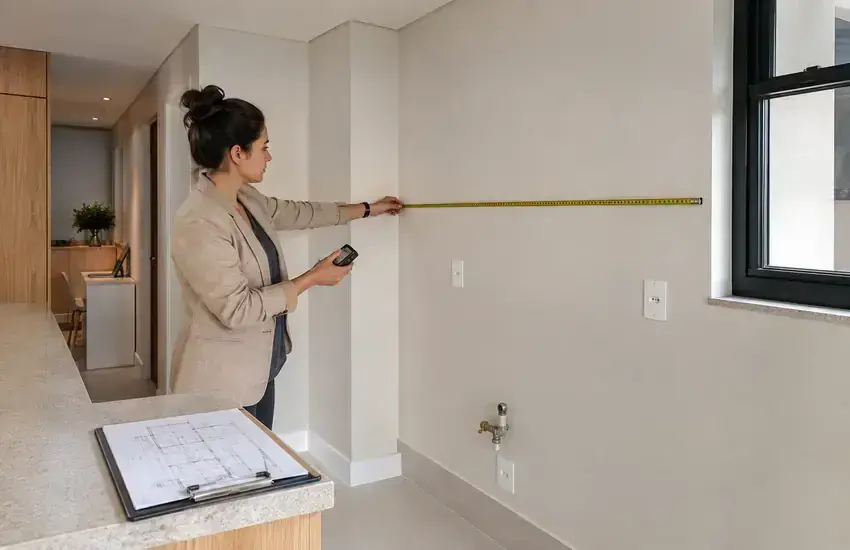 Profissional conferindo medidas e pontos elétricos antes de definir os móveis do ambiente.