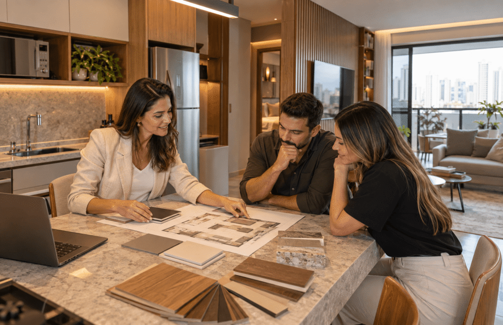 Profissional apresenta móveis planejados para apartamento em Águas Claras-DF com cozinha e sala integradas.