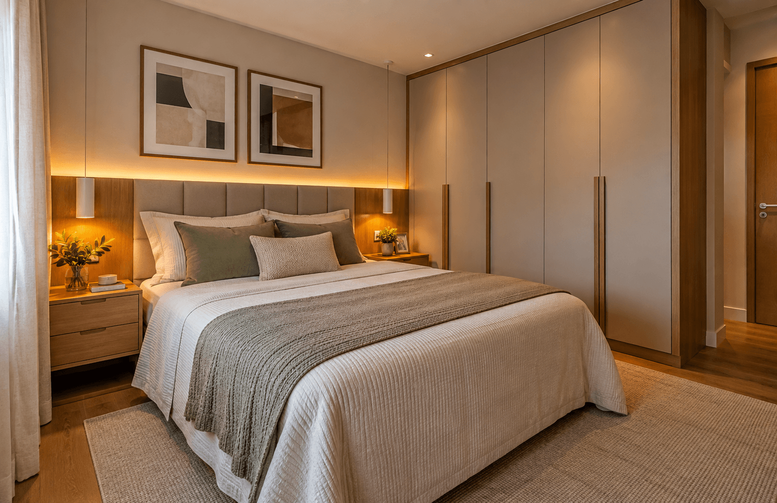 Quarto planejado em apartamento de Águas Claras com guarda-roupa, cabeceira e circulação organizada.