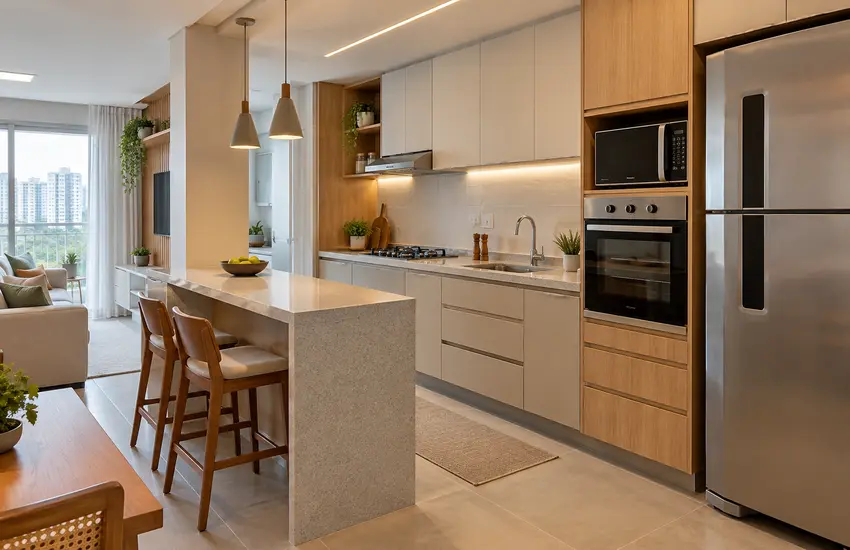 Cozinha planejada para apartamento em Águas Claras com armários sob medida e circulação livre.