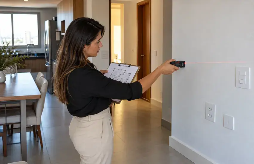 Profissional confere medidas, tomadas e circulação de apartamento antes do projeto de móveis planejados.