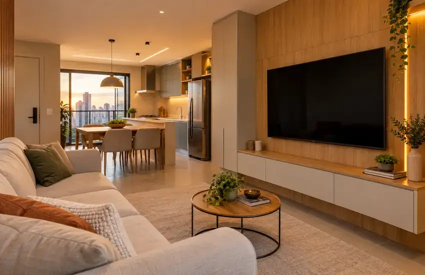 Sala planejada em apartamento de Águas Claras com painel de TV, rack e armazenamento integrado. 